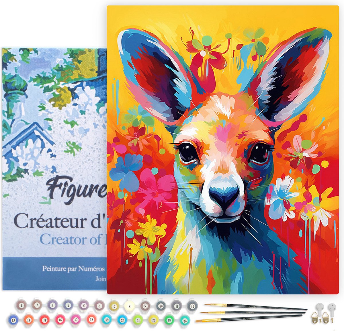 FiguredArt Schilderen op Nummer Volwassenen met lijst Kleurrijke Abstracte Kangoeroe- Handwerk acrylverf Kit DIY Compleet - 40x50cm Canvas al ingelijst